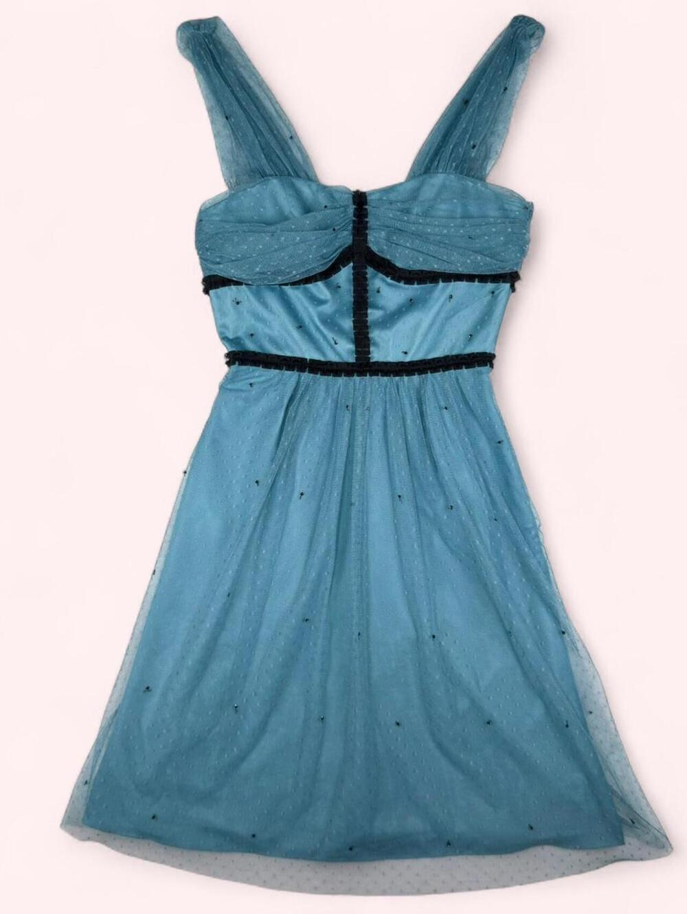 Hoss Intropia blue mini dress with black ribbon, small sequin and side zipper